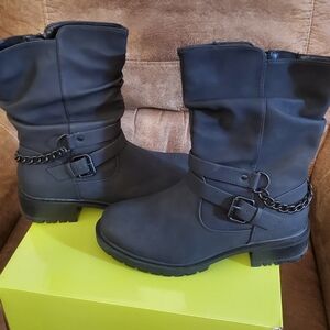 Women's Black Moto Boots with Chain Detail